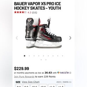 BAUER VAPOR X5 PRO ICE HOCKEY SKATES - YOUTH 13.5